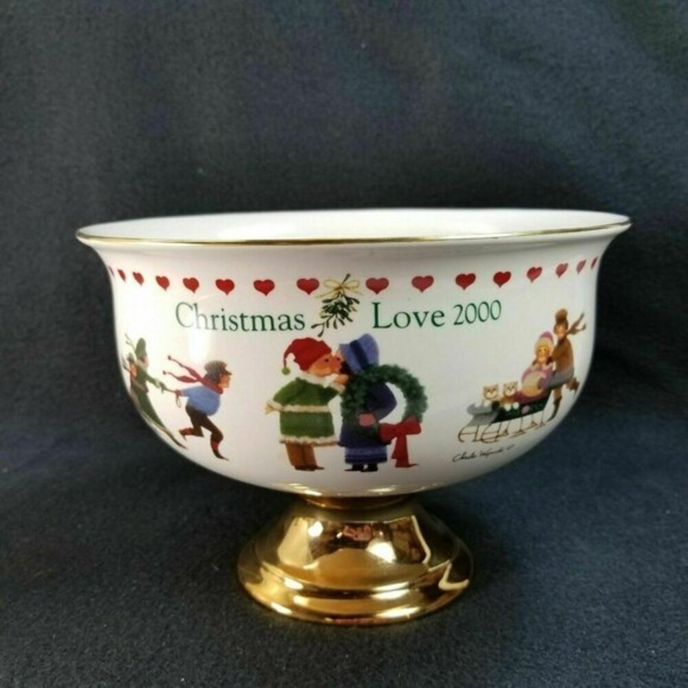 Charles Wysocki Christmas Bowl Christmas Love 2000 Pedestal Candy‎ Fruit Dish